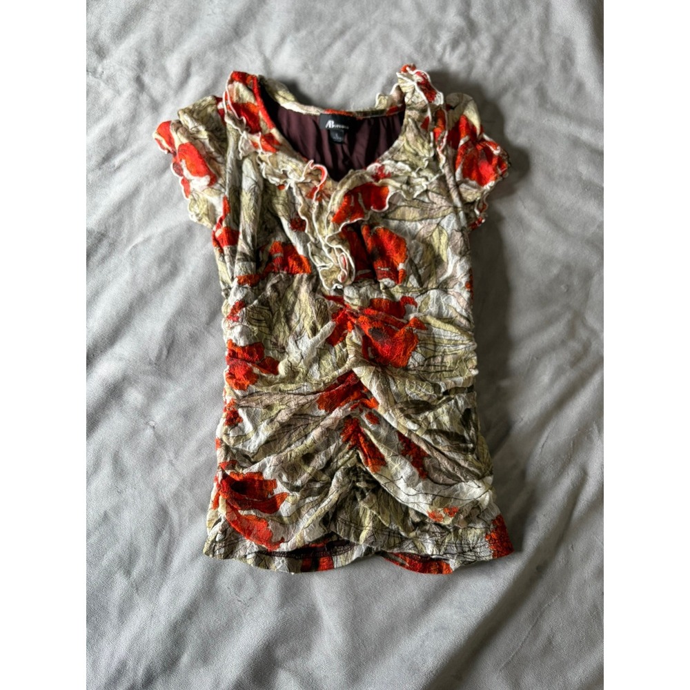 AB Studio Floral Ruched Mesh Blouse Orange Tan Ruffle V-Neck Short Sleeve Top L